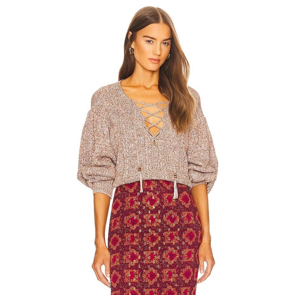 House of Harlow 1960 Revolve Shira Cable Knit Lace Up Sweater Tassels M